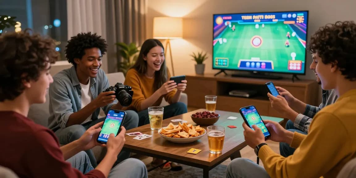 Friends enjoying Teen Patti Boss app in a lively living room, see details of their gaming experience.