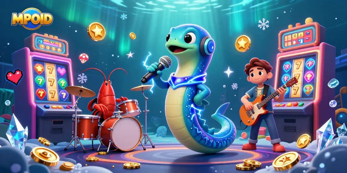 MPOID showcases an electric eel DJ, lobster drummer, and seahorse guitarist in a lively underwater casino scene.