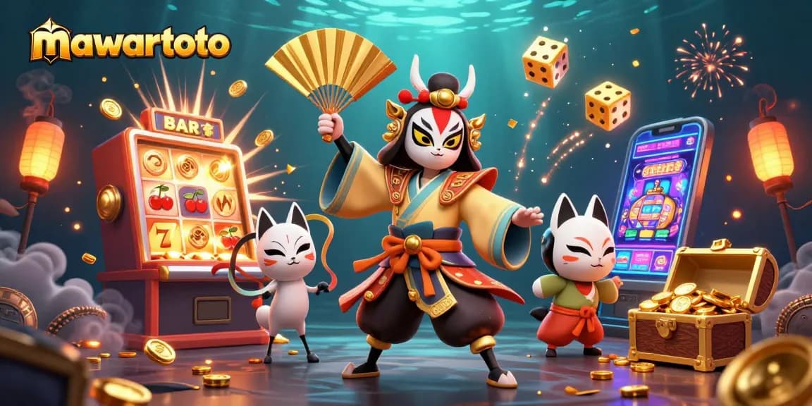 Experience the thrill of mawartoto with a kabuki warrior and slot machine bursting with coins.