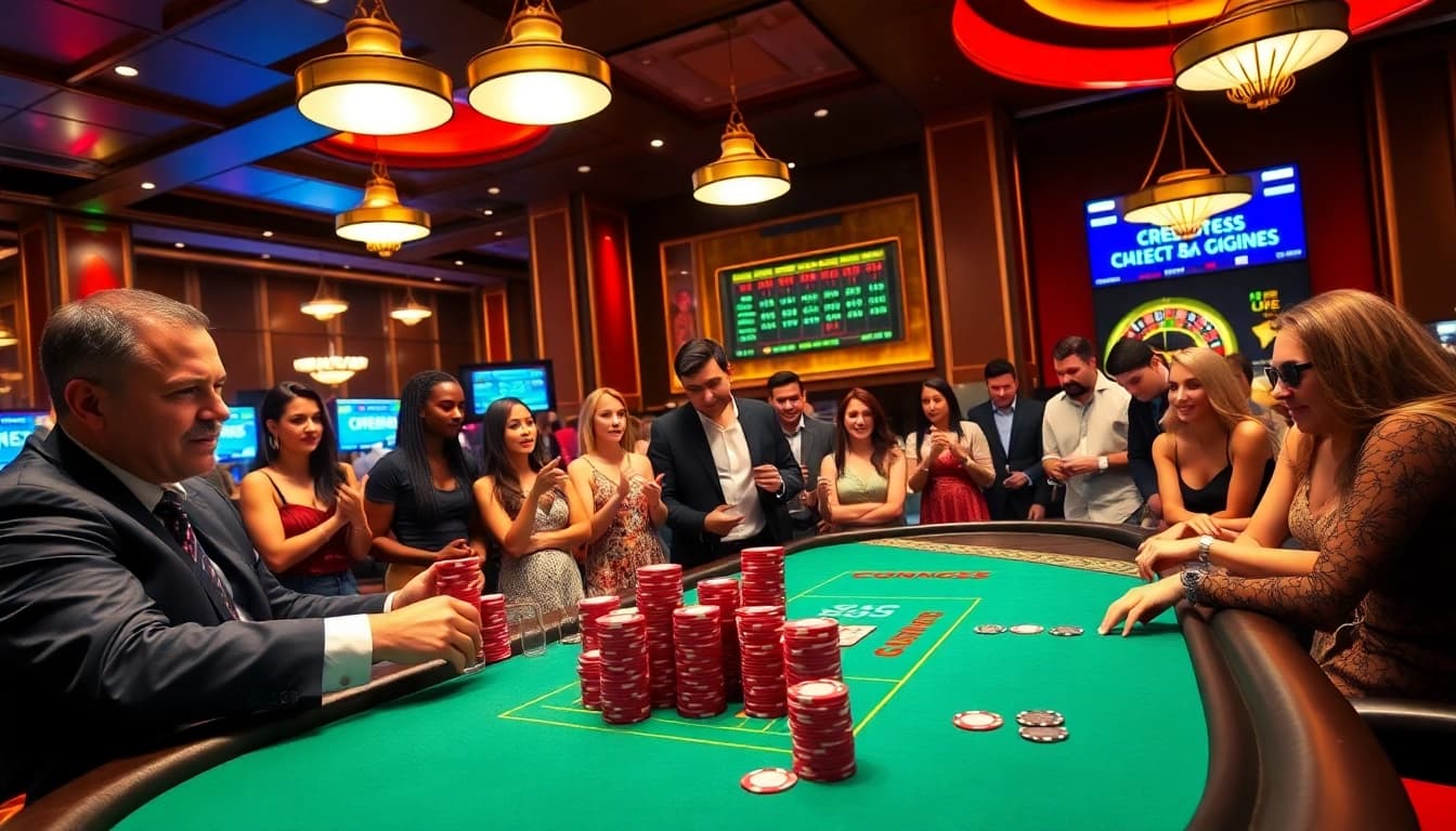 Exciting casino action at an OPEN88 poker table with players and chips.