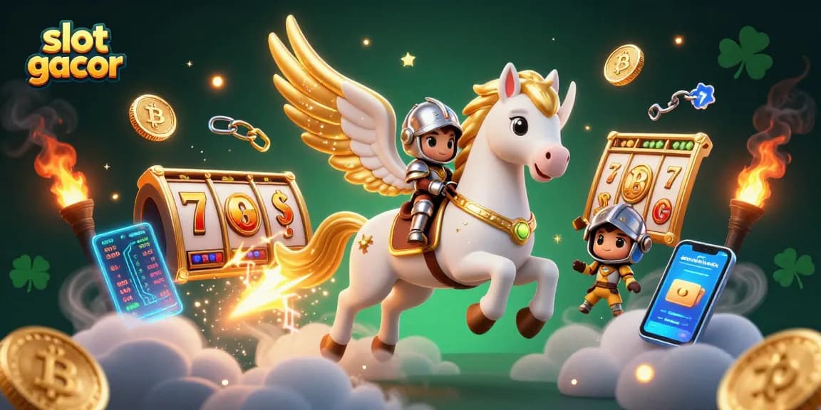 Spin on slot gacor for exciting wins with celestial horse and knight in a magical casino.