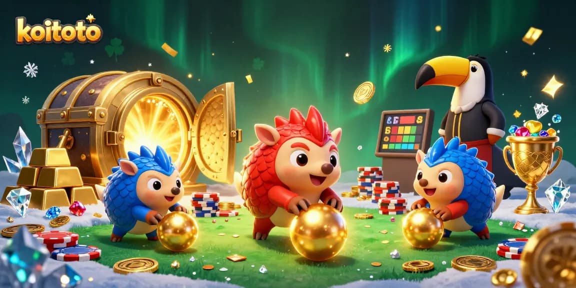 Koitoto pangolins compete in a vibrant casino scene filled with poker chips and treasures.