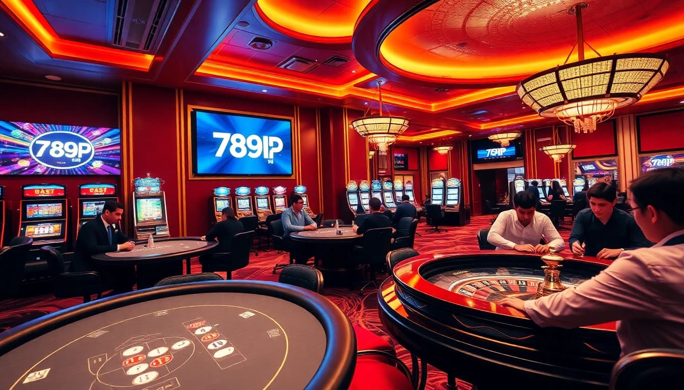 Players engaging in thrilling games at 789P casino, surrounded by vibrant slot machines and poker tables.