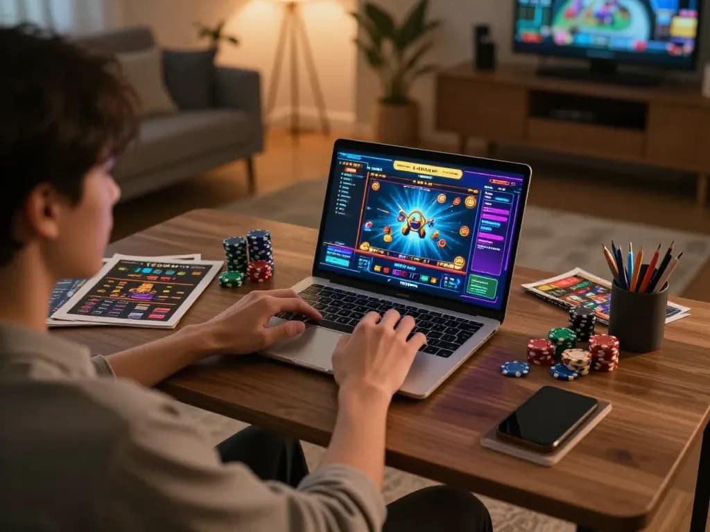 Engage inTR88 online casino gaming at home with a laptop, chips, and strategy notes visible.