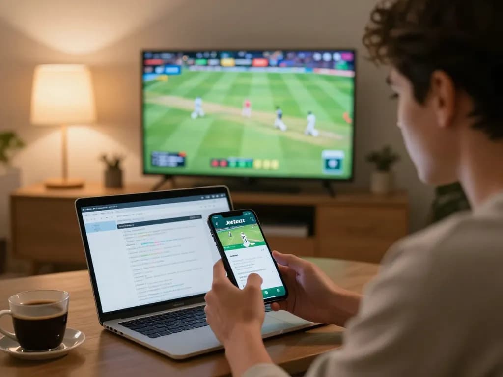 Player using Jeetbuzz app for live sports betting in a cozy home setting