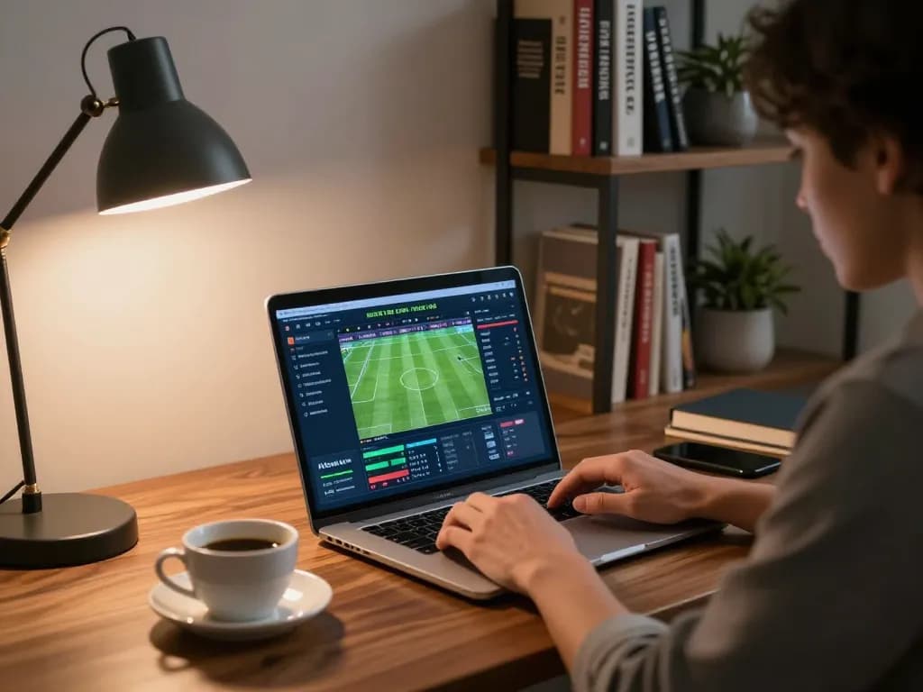 Person analyzes kèo nhà cái at home office desktop for sports betting strategy.