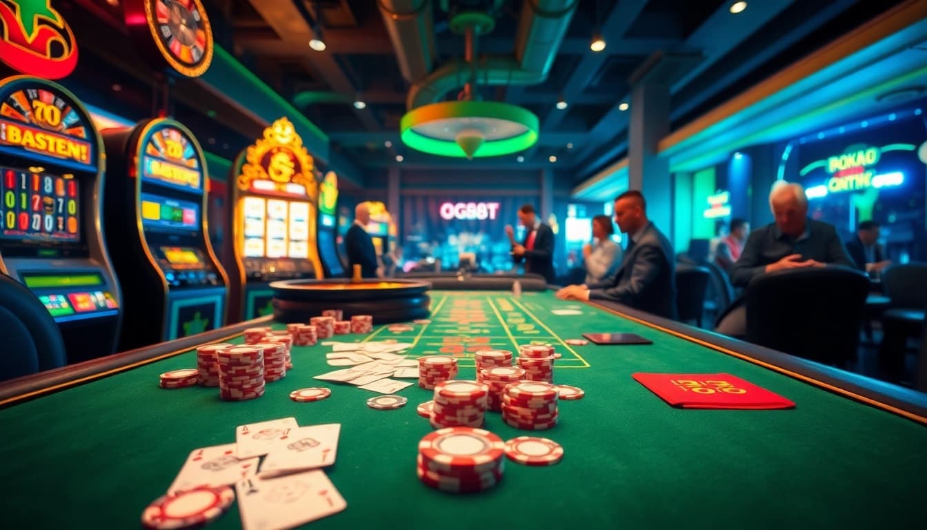 Experience the thrill of GG88 gaming with illuminated slot machines and high-stakes poker tables.