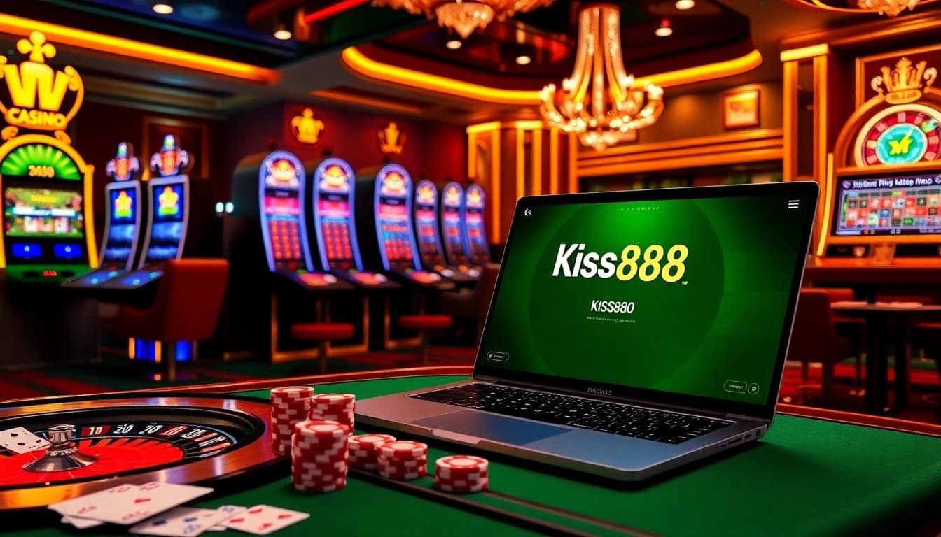 Kiss888 online gaming review featuring luxurious casino elements like slot machines and poker chips.