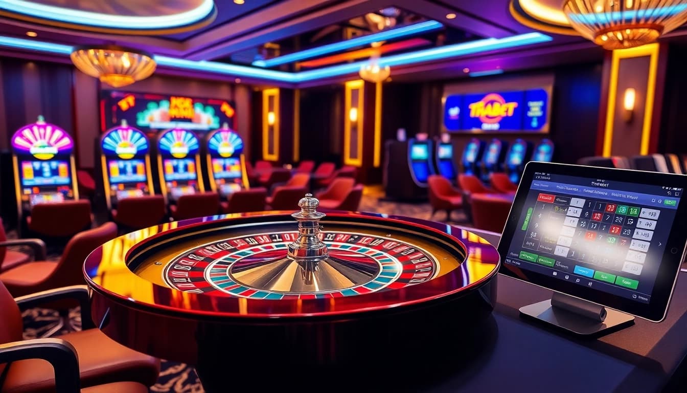 Engaging THABET casino scene with roulette, slot machines, and online betting interface.