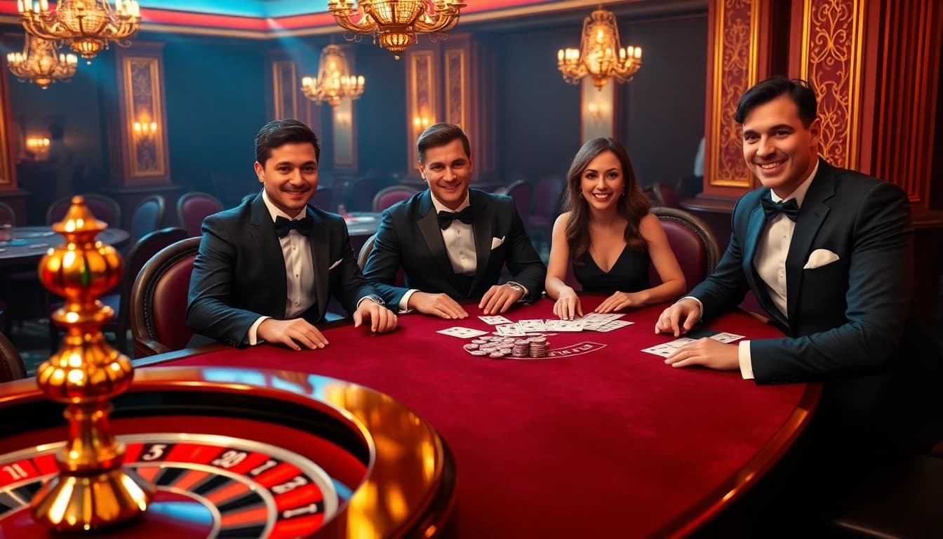Daga players enjoy an exciting game at a luxurious casino table, surrounded by rich colors and poker chips.
