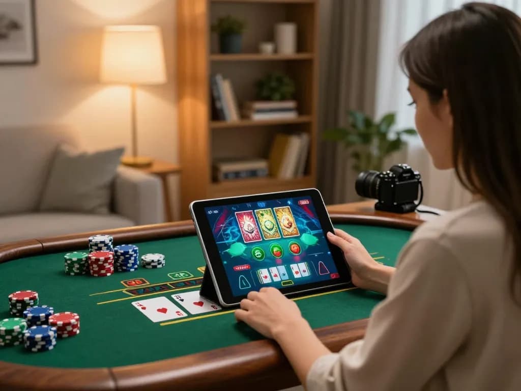 Engaging gameplay experience at home with Sunwin online casino on tablet, showcasing vibrant cards and chips.