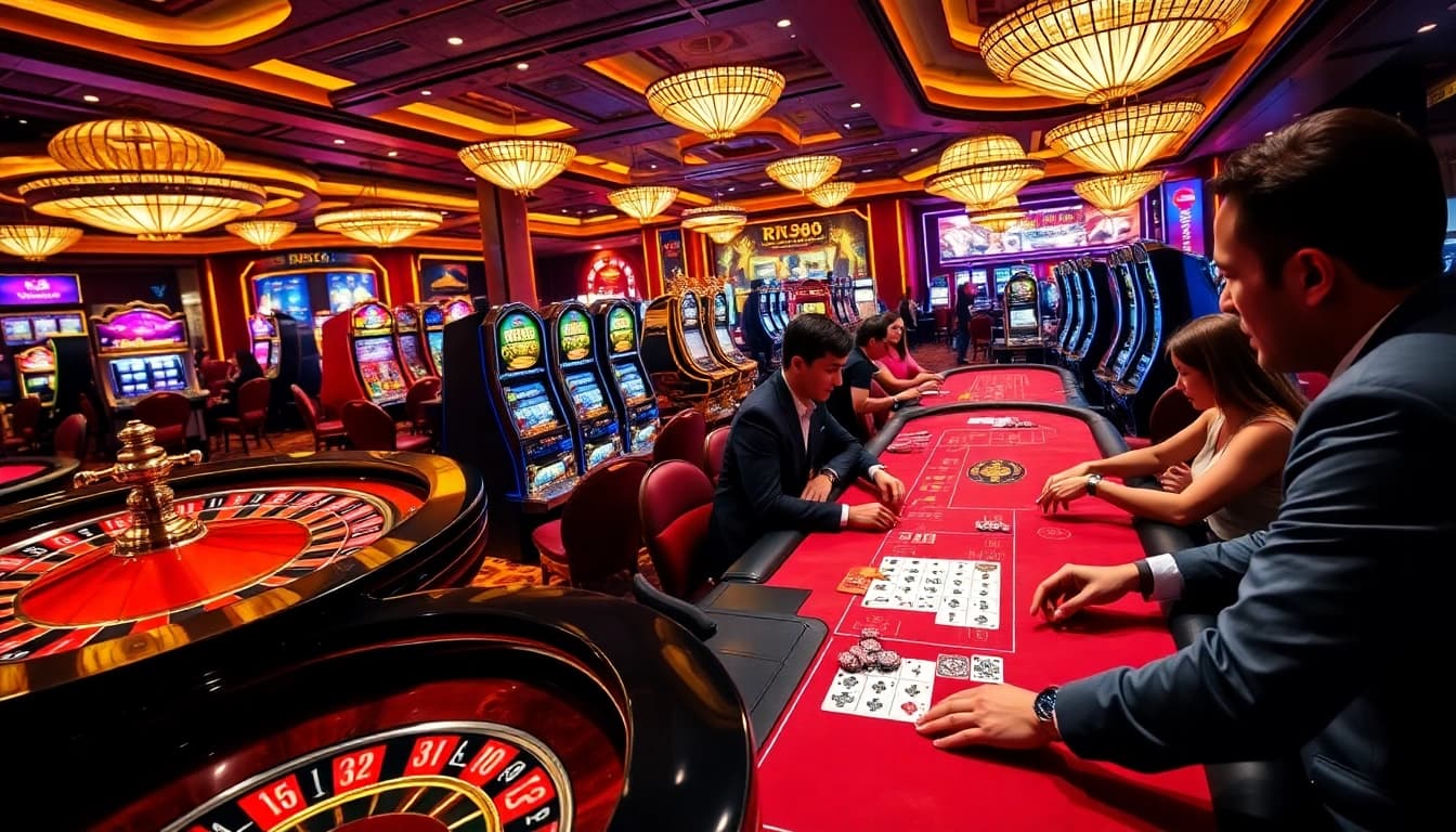Gambling excitement at RR88 casino with players engaged at poker tables and roulette wheels.