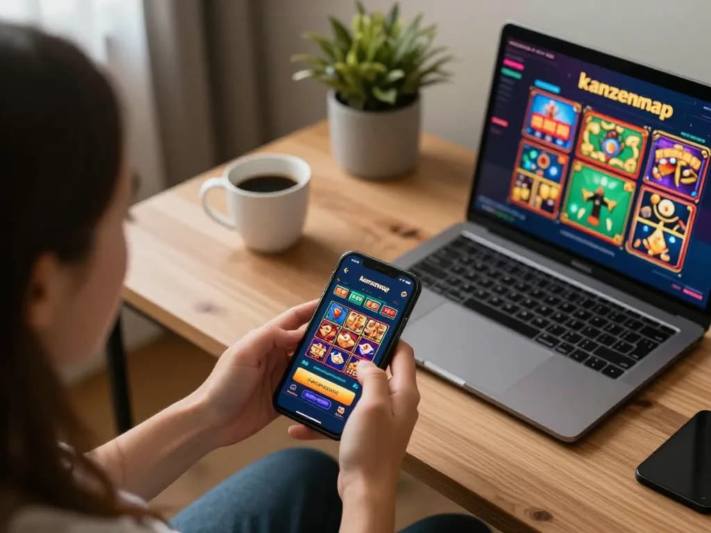 Pemain yang terlibat dengan aplikasi kasino kanzenmap di smartphone dalam pengaturan permainan yang nyaman