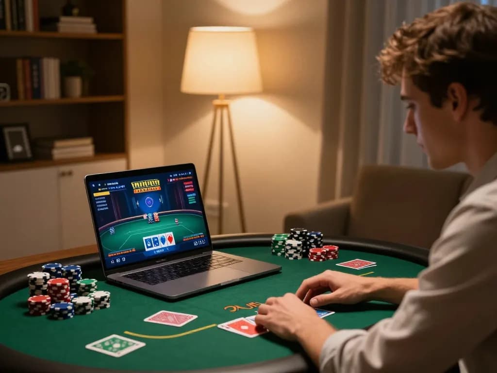 Player engaging in online poker at home, showcasing MM99 gaming interface and strategic gameplay