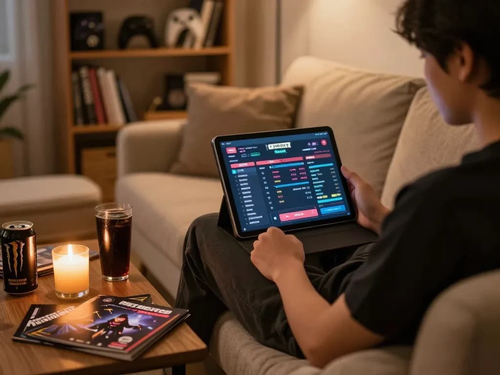 Engaging in esport betting Singapore while seated on a cozy sofa, using a tablet for strategic gameplay