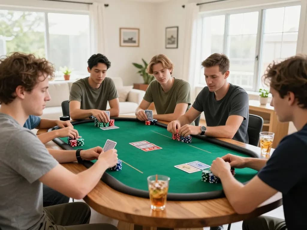 Friends enjoying a poker night at home using PLANET88, with colorful chips and drinks visible.