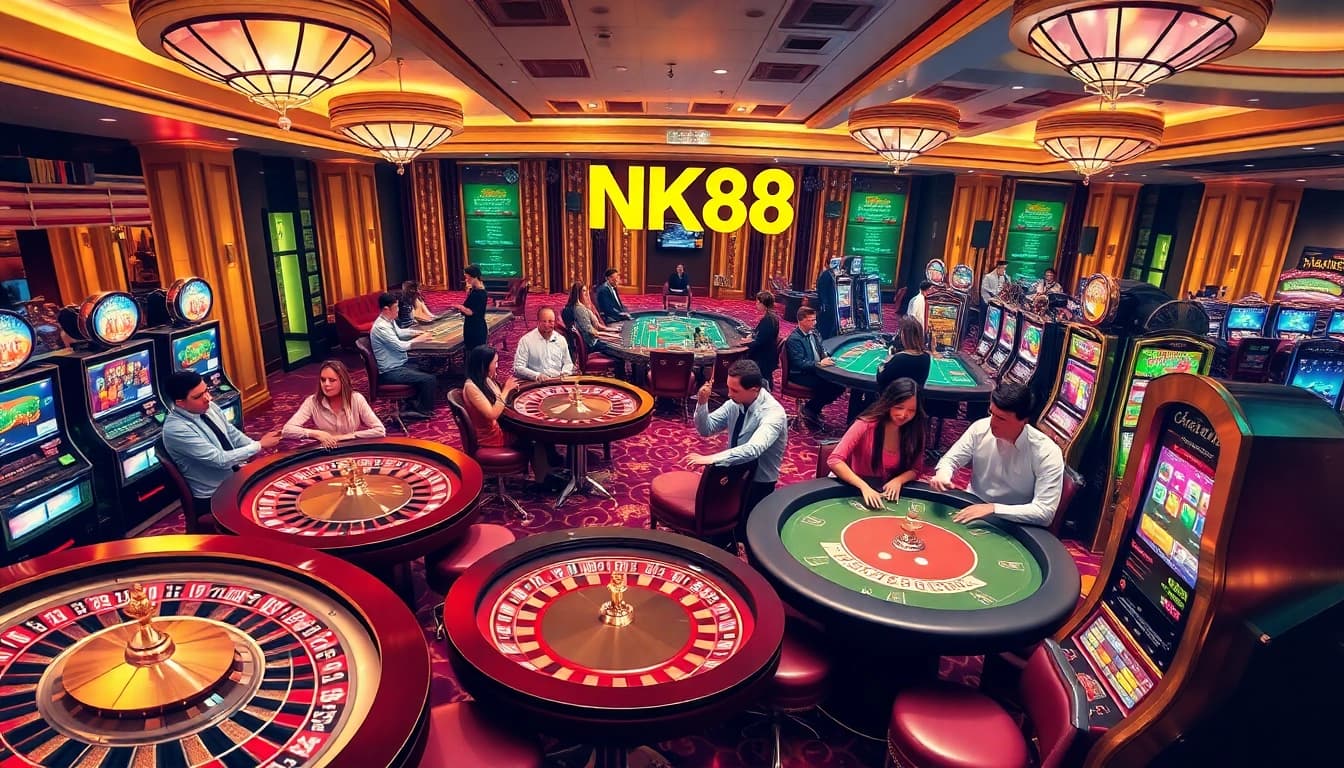NK88 players celebrating big wins at a luxurious casino with poker chips and slot machines.