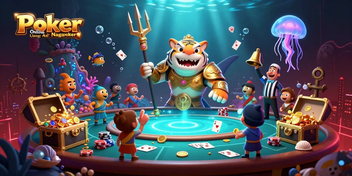 Experience the thrill of Poker Online Uang Asli Nagapoker with a dynamic underwater colosseum scene full of poker elements and engaging characters.