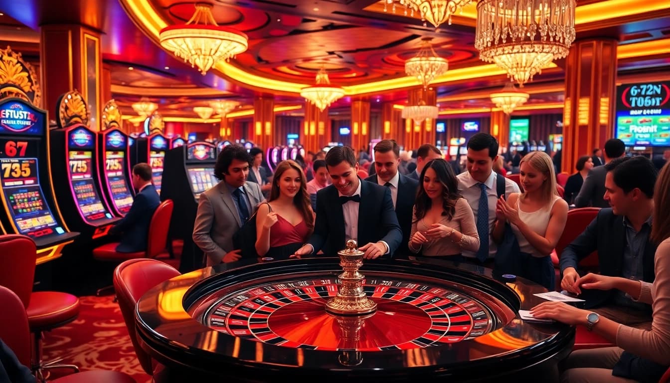 Players enjoying slot machines and roulette at 69VN casino, showcasing a thrilling gambling atmosphere.