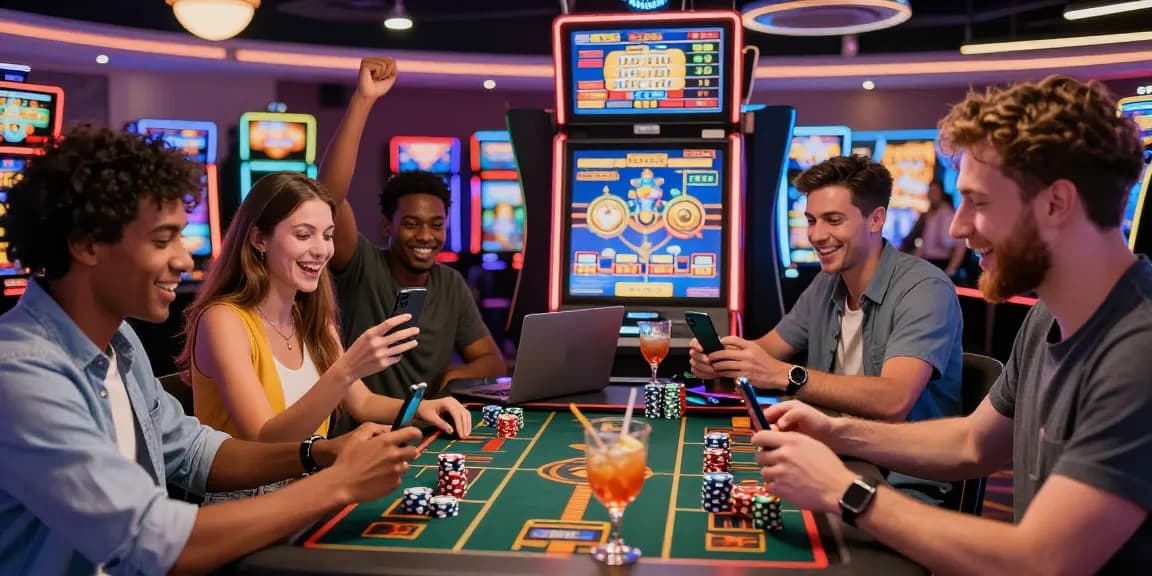 Exciting scene of friends enjoying new games at a vibrant casino, featuring colorful devices and lively atmosphere.