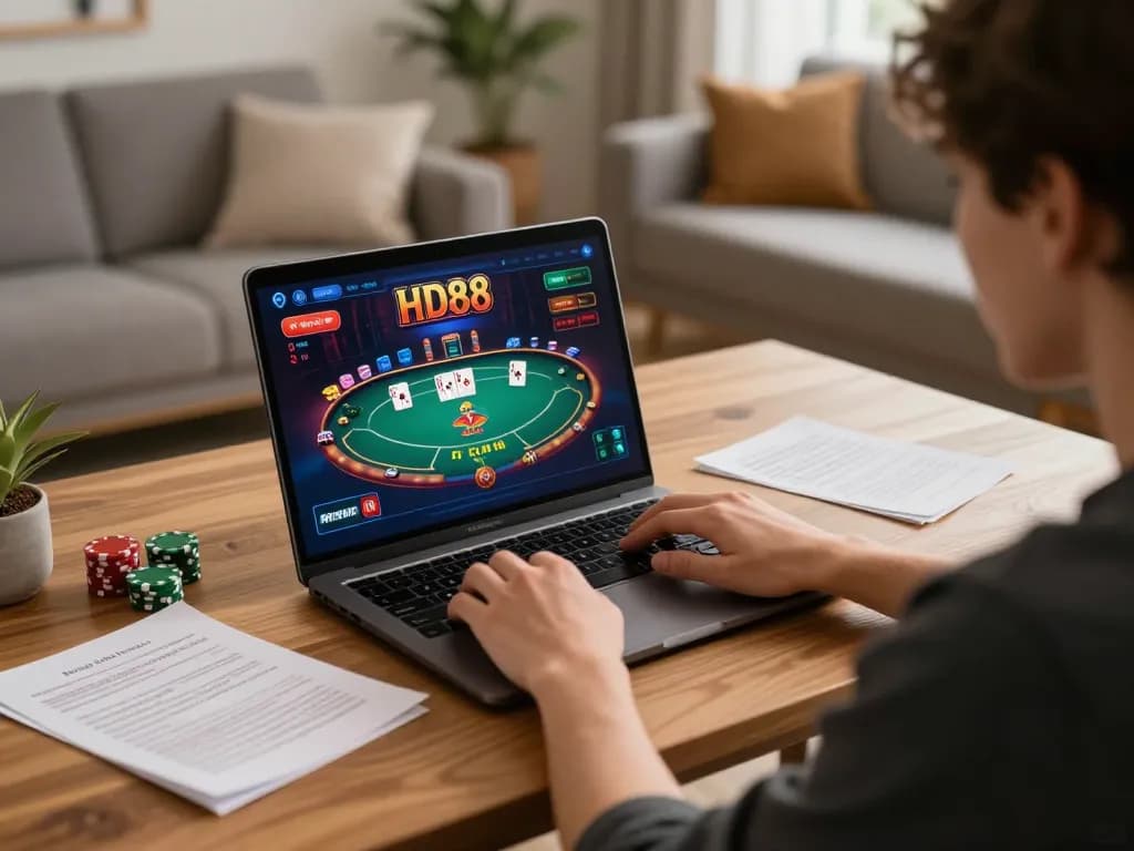 Engaging online gaming session at HD88 platform, showcasing poker strategies and a cozy home setup.