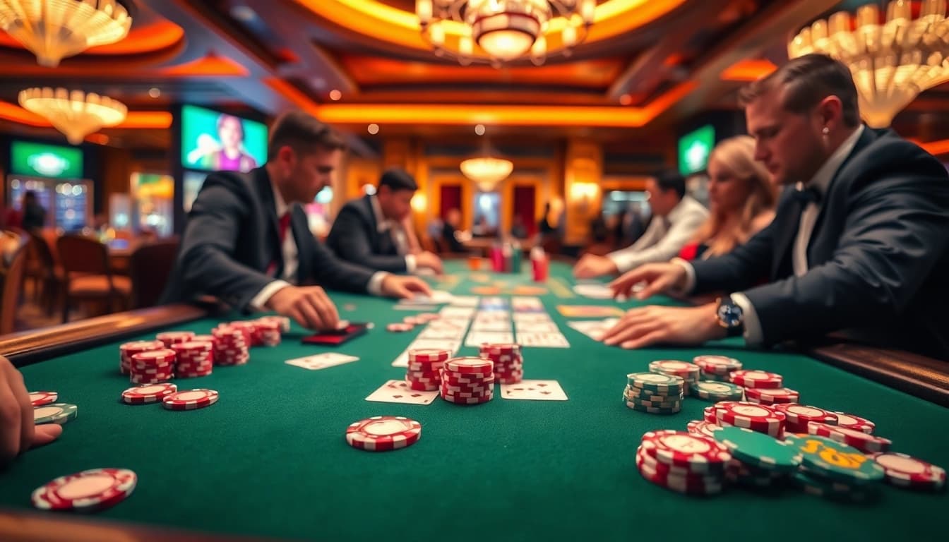 Rasakan keseruan permainan toto7788 di meja kasino yang mewah dengan kartu dan chip berwarna-warni.
