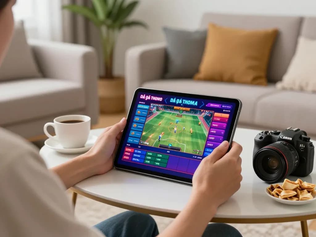 Thưởng thức đá gà Thomo hôm nay với livestream trên một chiếc máy tính bảng trong môi trường ấm cúng tại nhà.
