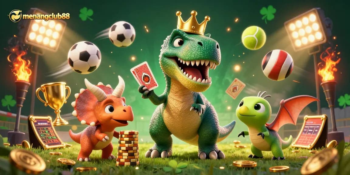 Experience the thrill of menangclub88 with a lively casino scene featuring playful dinosaurs and dynamic sports elements.