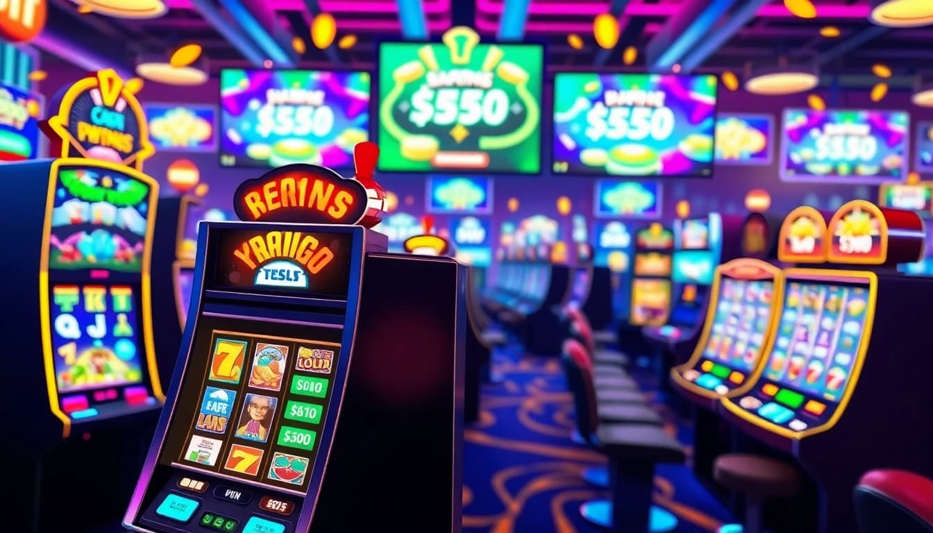 Garasislot menampilkan mesin slot berwarna cerah dengan simbol menarik dan suasana kasino daring.