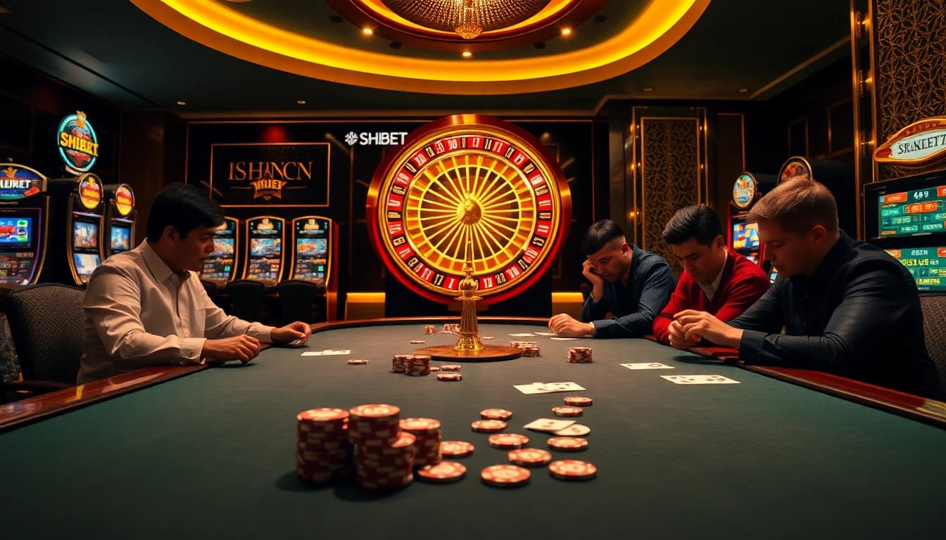 Experience thrilling poker action at SHBET's luxurious casino table with vibrant game elements.