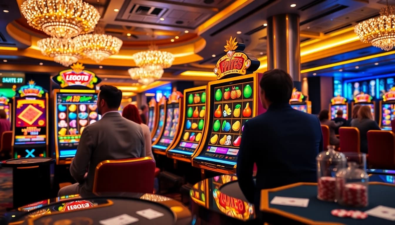 Players enjoying the high-stakes excitement of LEGO138 slot games in a vibrant casino atmosphere.
