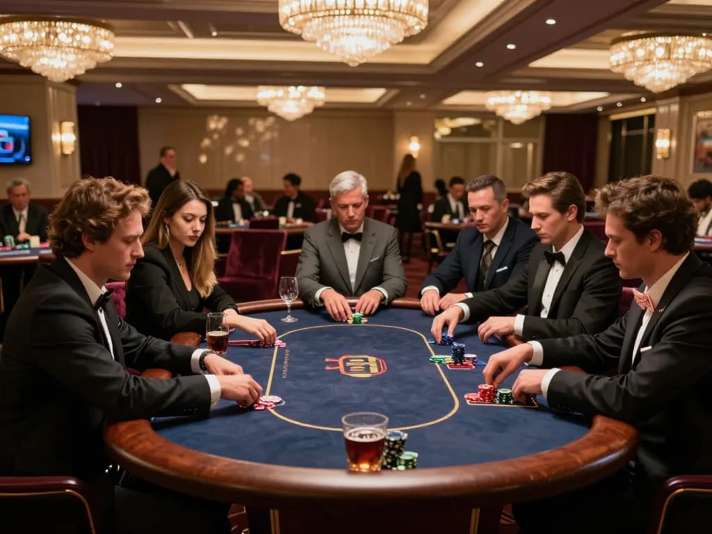 Players engaging in a high-stakes poker game at U888's luxurious VIP table, showcasing an exclusive casino experience.