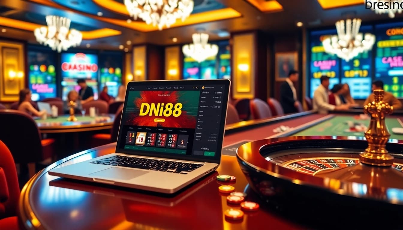 Experience DN88 online gaming with vibrant casino tables, roulette wheels, and poker chips.