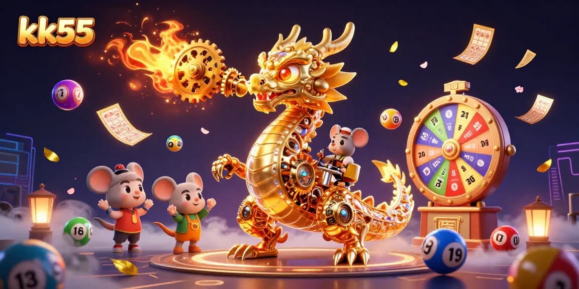 Engage in thrilling gameplay at kk55 with vibrant lottery balls, golden tickets, and a mystical dragon illustration.