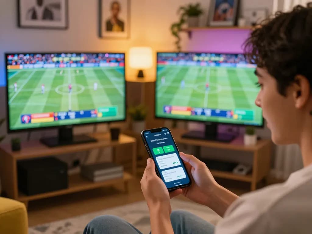 Experience rwin excitement as a player engages with live sports betting on their smartphone in a cozy setting