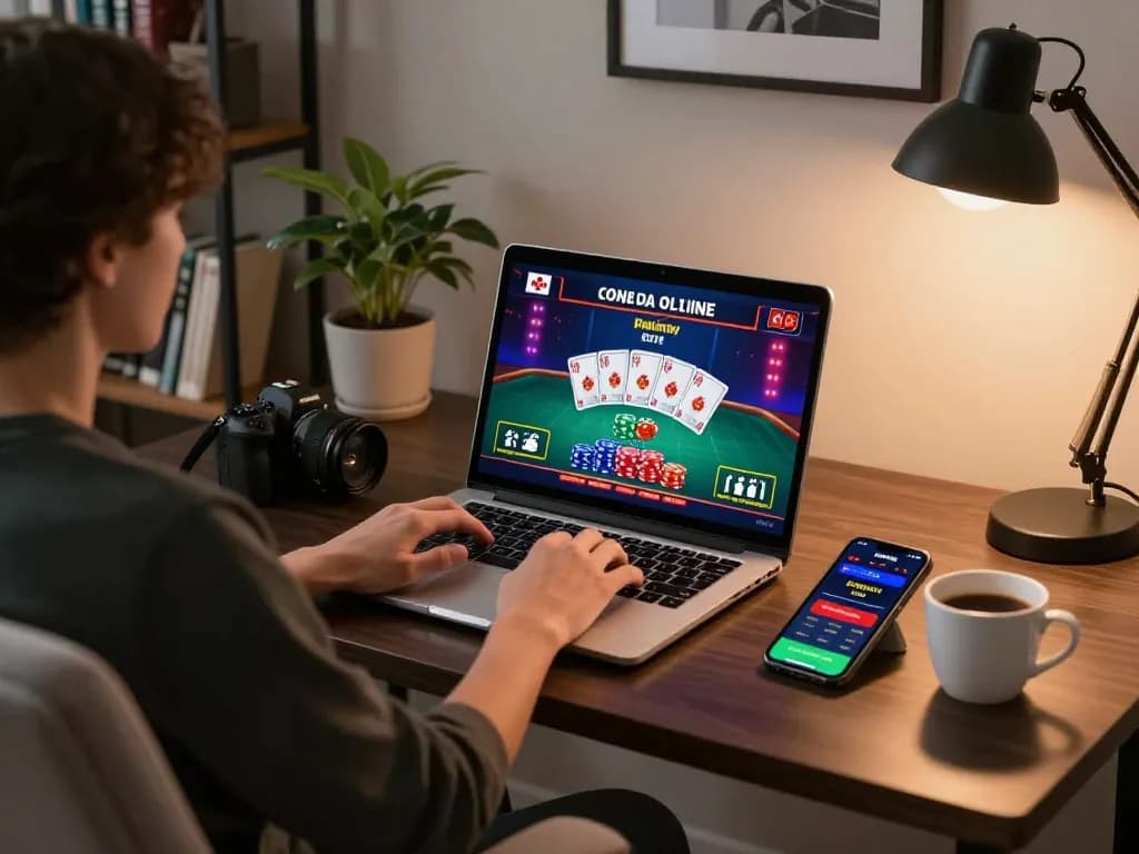 Engaging gameplay at Canada online casinos with a player using a laptop and smartphone in a cozy home setting.