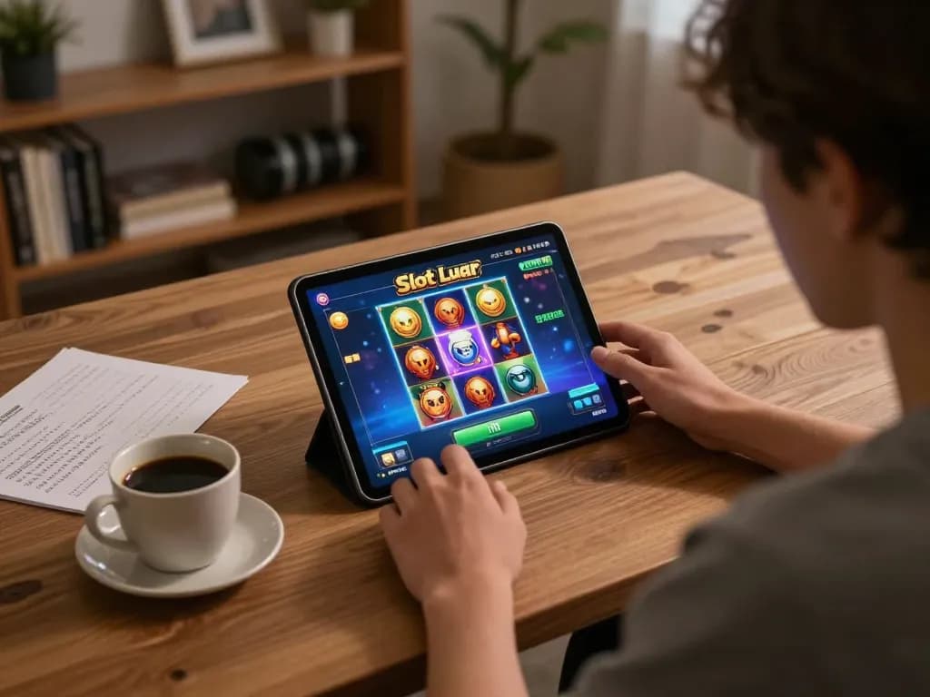 Engaging moment of playing Slot Luar on a tablet during a cozy gaming session at home.