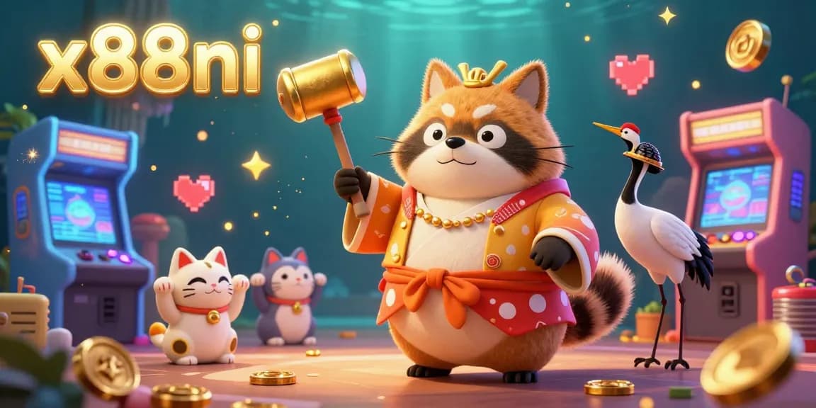 x88ni casino scene featuring tanuki and crane in festival attire with game elements.