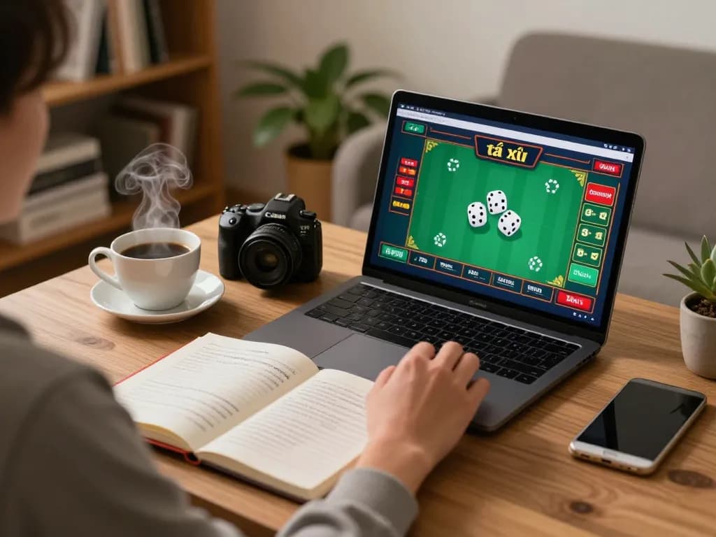 Tài xỉu online gaming session at home with a laptop, a notebook for strategies, and ambient light.