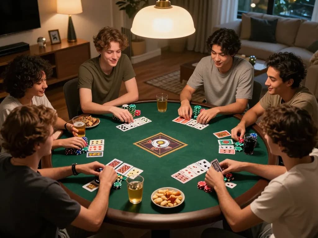 Friends enjoying game bài together in a cozy home setting during social gaming night