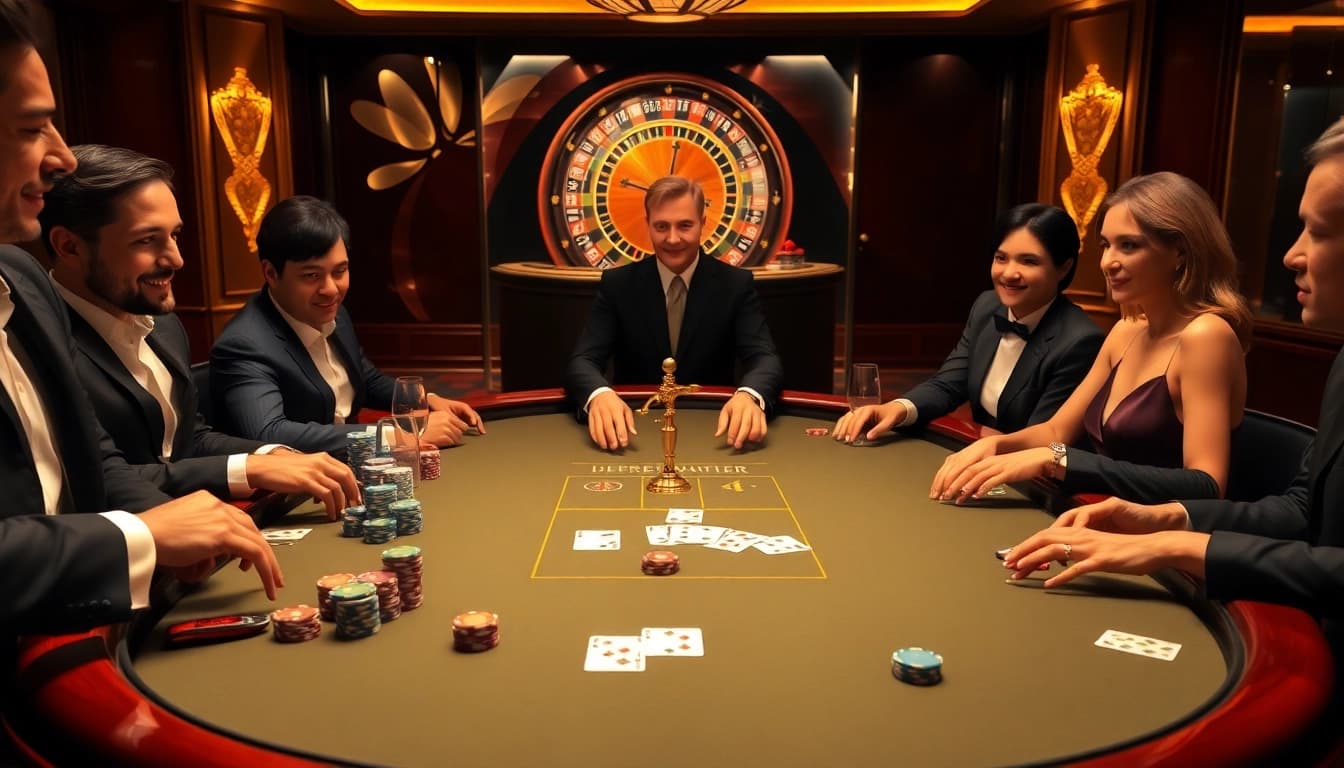 Players engaging at a luxurious IDN Poker table with vibrant chips and cards.