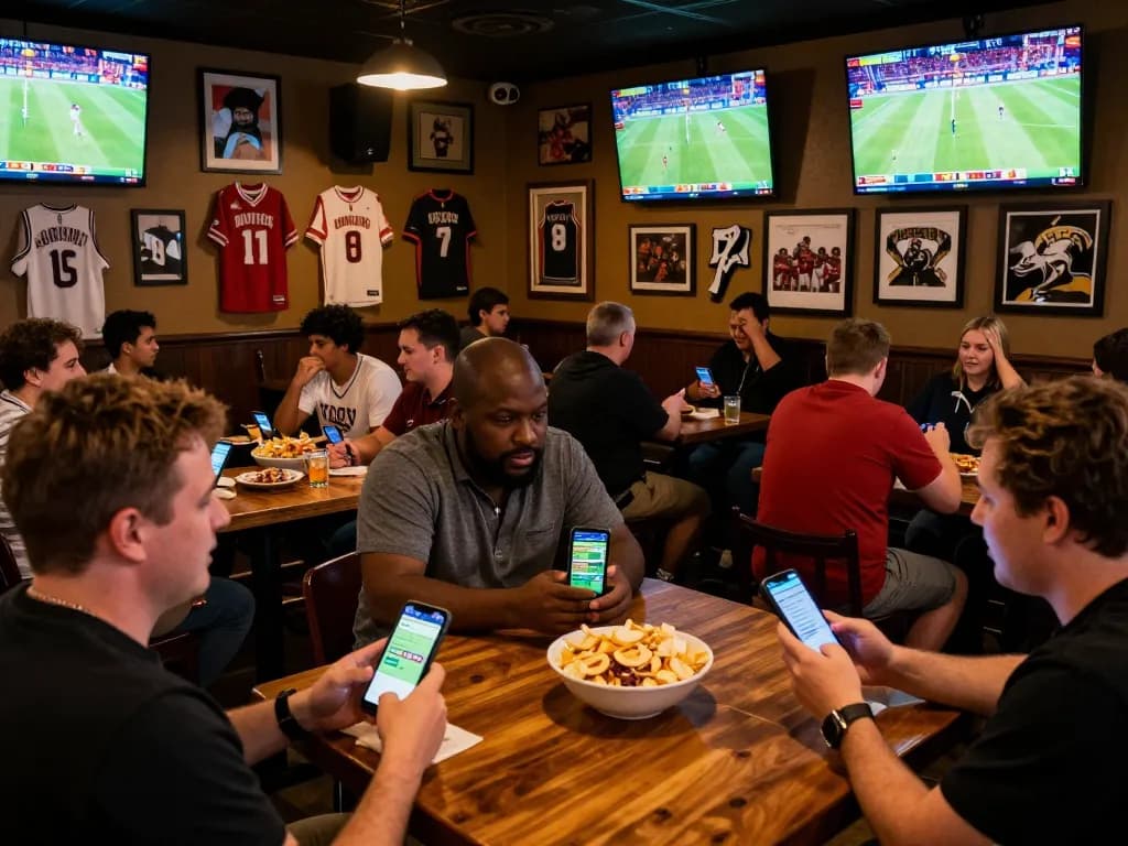 Patrons engaging in sports betting excitement with 28betca mobile app in an energetic sports bar atmosphere.