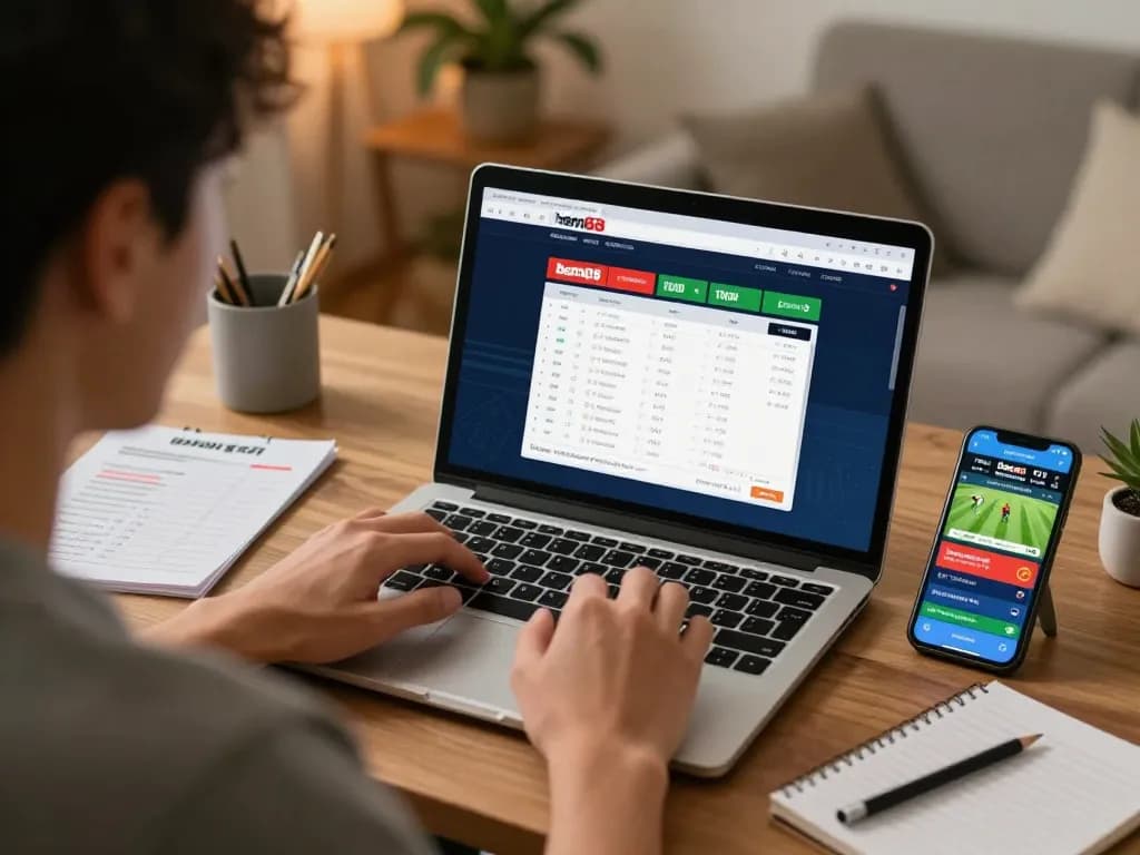 Engaging scene of online sports betting with bem88 interface and active user in a cozy setting.