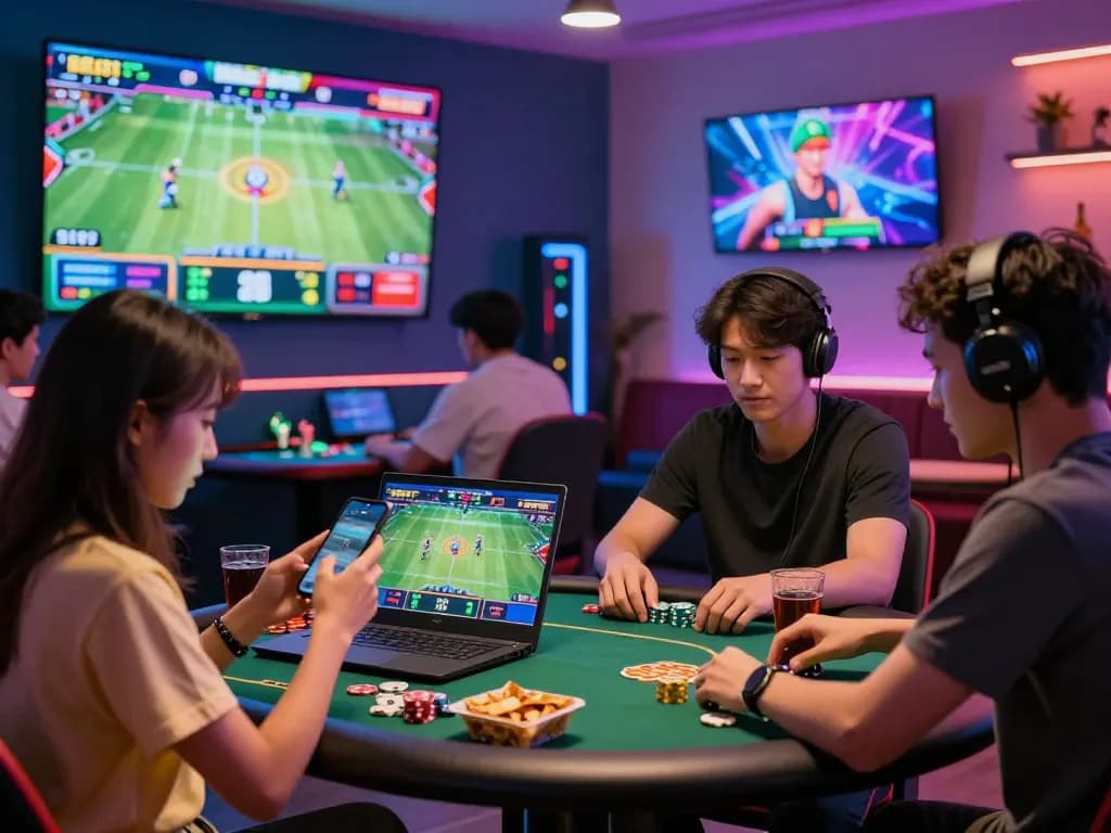 Energetic players enjoying betting games at 8kbet, immersed in online gaming.