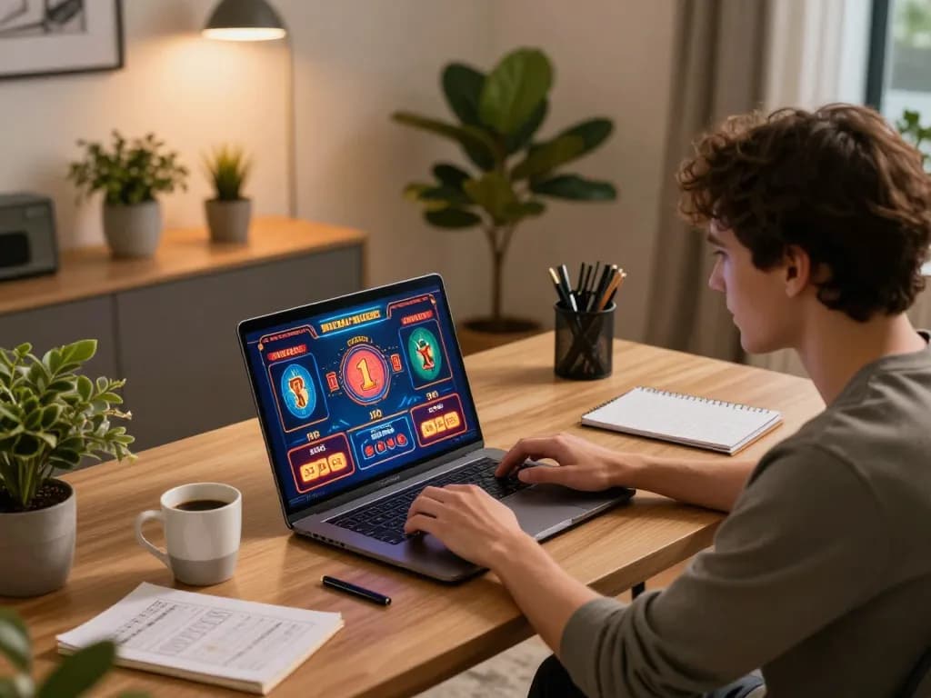 Engaged player enjoying online slots with ushimitsusoft on laptop at home gaming setup.