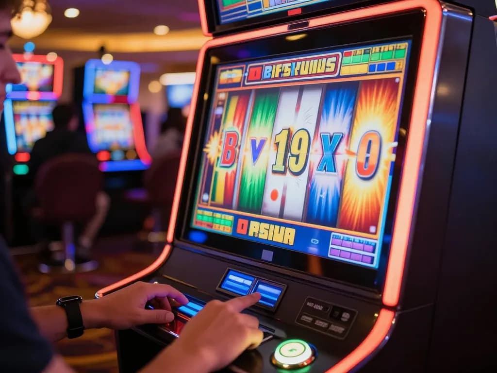 Player engaging with a slot machine, vibrant reels and bright lights creating an exciting casino atmosphere