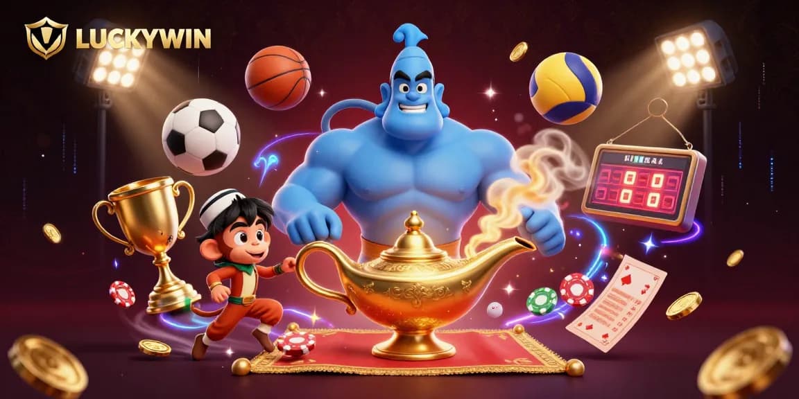 Experience the excitement of LUCKYWIN with a vibrant 3D casino scene featuring a blue genie and playful elements.