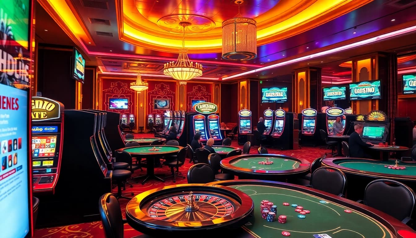 Players at a vibrant casino exploring hidden wiki content on digital screens while gambling.