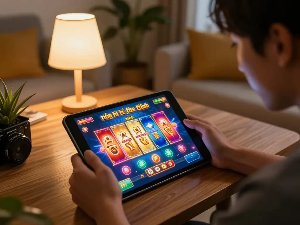 Engaging in nổ hũ đổi thưởng on tablet in a cozy home gaming setup