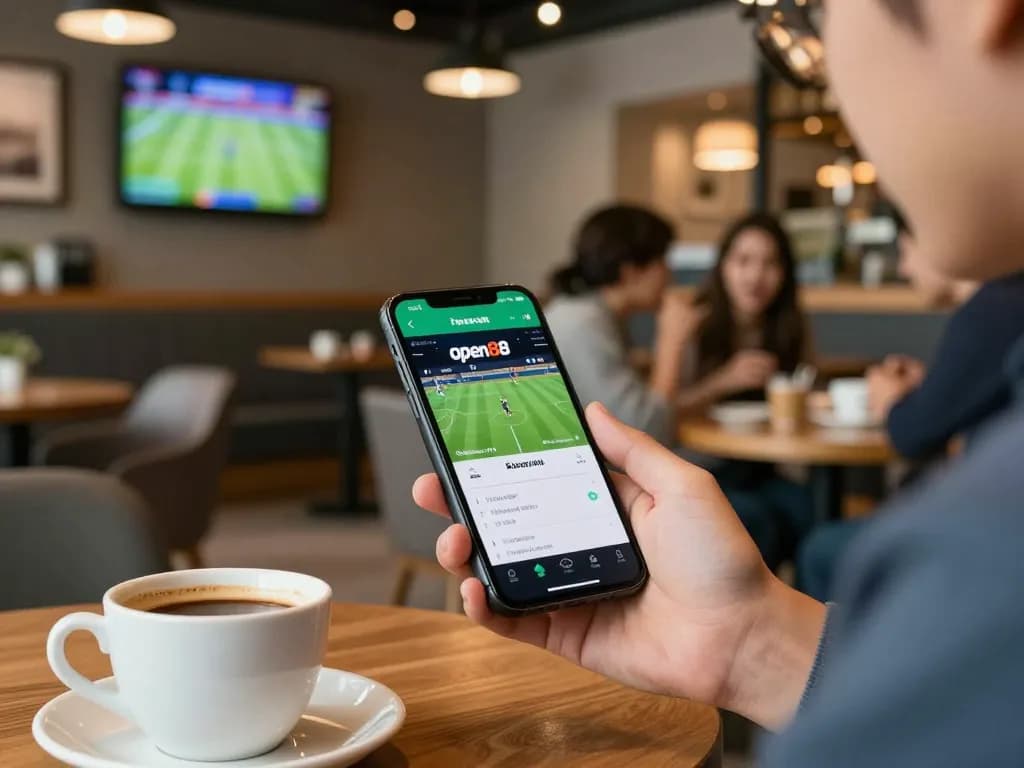 open88 user placing bets via smartphone in a cozy coffee shop setting